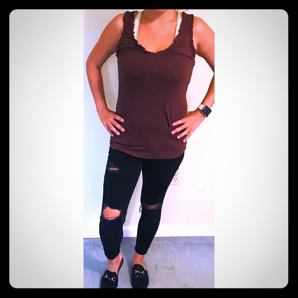 Brown V- Neck Tank w/ Red Polka Dots